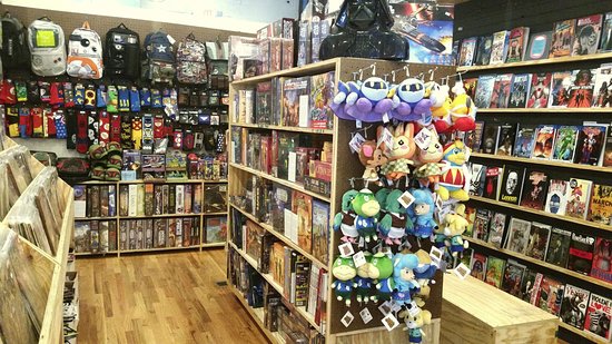 A collection of video games, comics, nerdy plush and backpacks from The Nerd Mall in Woodbury NJ.