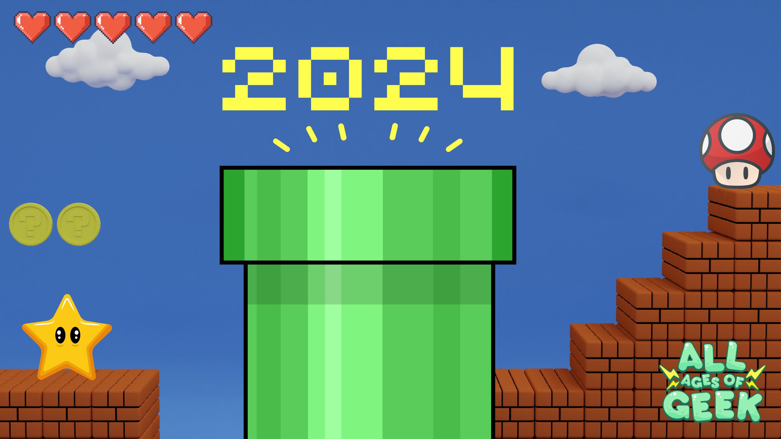 ### Alt Text for Image "An 8-bit style graphic featuring a green warp pipe with the year '2024' above it in yellow pixelated font. Surrounding the pipe are classic video game elements: hearts, coins, a star, a cloud, bricks, and a mushroom. The bottom right corner displays the 'All Ages of Geek' logo."