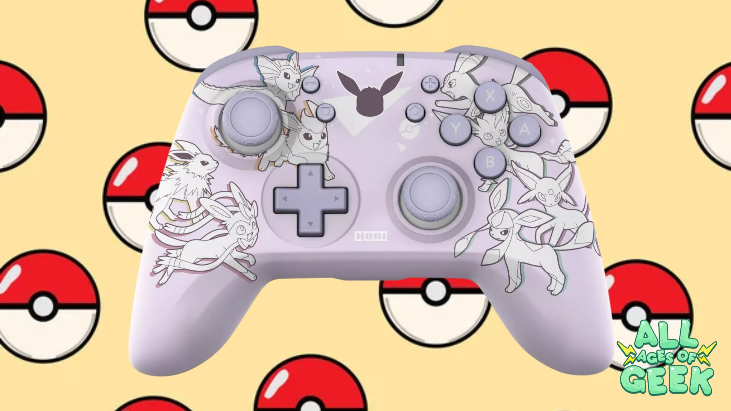 A lavender Nintendo Switch wireless controller adorned with Eevee and its evolutions, including Vaporeon, Jolteon, Flareon, Espeon, Umbreon, Leafeon, Glaceon, and Sylveon, is displayed against a background of Poké Balls on a beige backdrop. The controller features minimalist line art of the Pokémon, along with gray buttons and joysticks. The All Ages of Geek logo is positioned in the bottom right corner, adding a touch of branding to the vibrant and playful image.