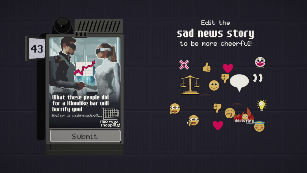 "Game screen from Brightside News Corp showing a news story being edited for a cheerful spin." A News Game from Itch.io.
