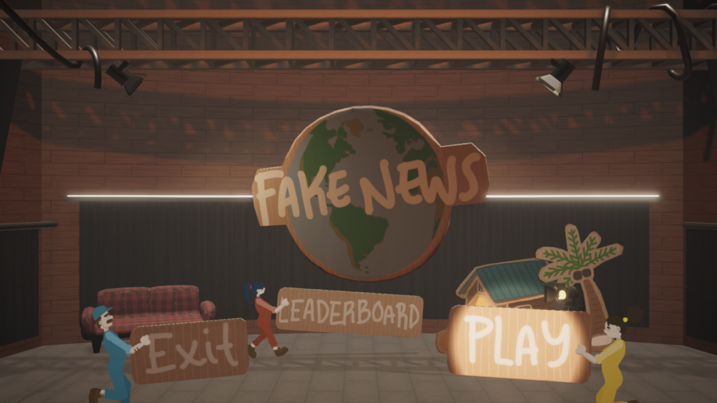  "Title screen of the game Fake News with cardboard cutouts and a globe in the background."