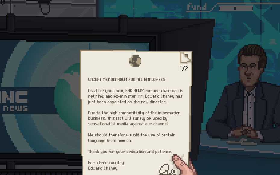 "Pixelated news anchor on NNC News reading an urgent memorandum on a TV screen." A News Game from Itch.io.