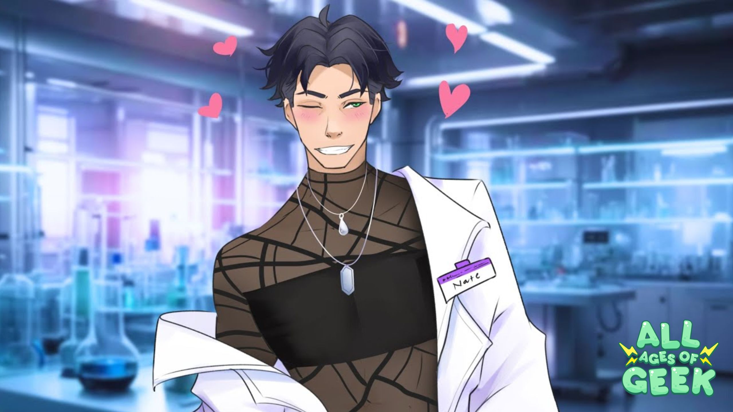 Nate, a character from "I Married a Monster on a Hill," is winking and smiling in a laboratory setting. He is wearing a white lab coat over a stylish black outfit with geometric patterns. Pink hearts float around his head, emphasizing his cheerful expression. The "All Ages of Geek" logo is displayed in the bottom right corner.
