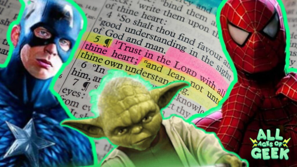 Collage of Captain America, Yoda, and Spider-Man with a Bible verse background, featuring the All Ages of Geek logo.
