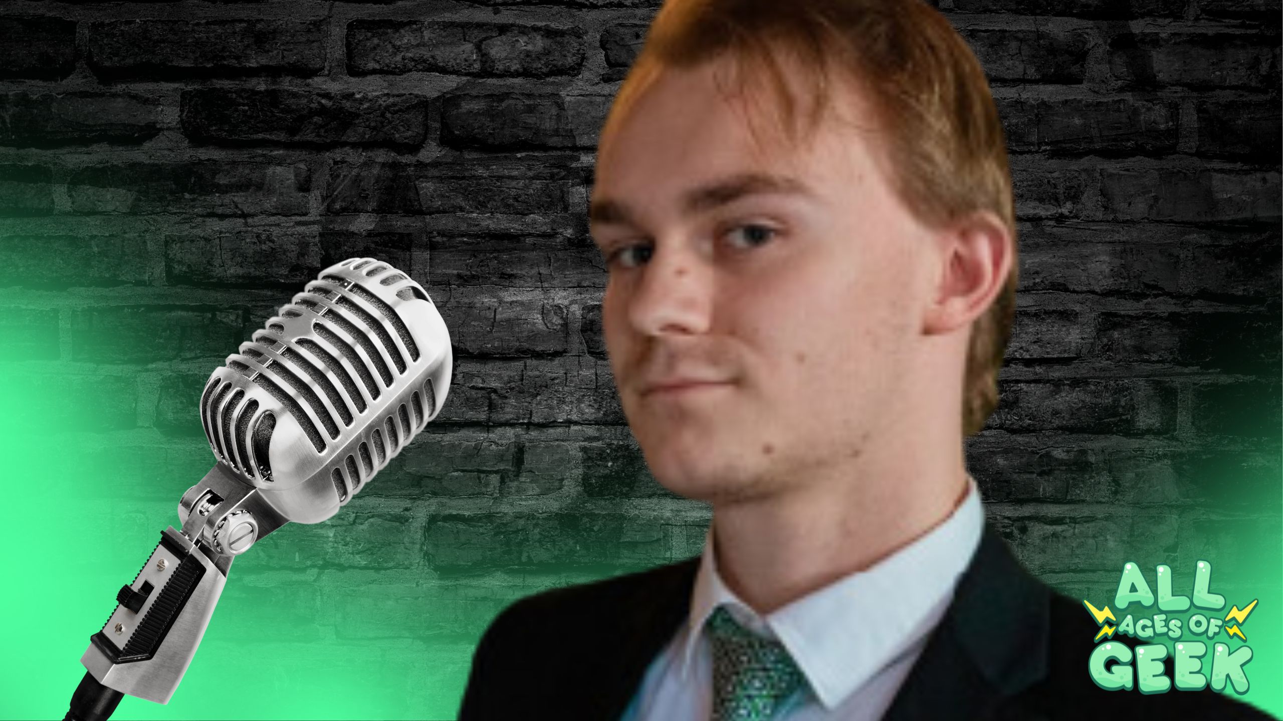 A person wearing a suit and tie is standing next to a vintage-style microphone. The background features a dark brick wall with a gradient green glow at the bottom. The All Ages of Geek logo is visible in the bottom right corner.