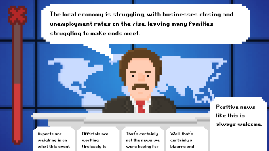 "Pixelated news anchor reporting on the local economy with humorous dialogue options." A News Game from Itch.io.