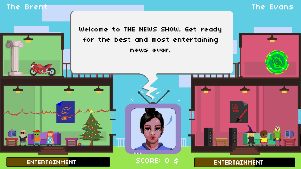 "Gameplay screen from The News Show featuring two entertainment sets and a host."
