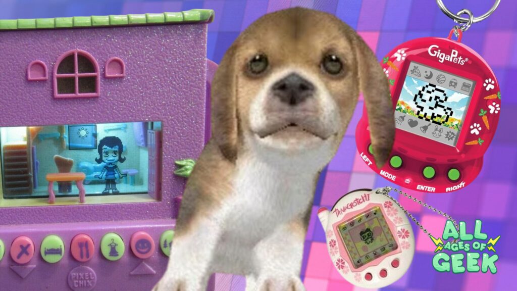 A collage featuring various iconic virtual pets. On the left, a Pixel Chix interactive house with a pixelated character inside. In the center, a cute puppy representing Nintendogs. On the right, a red Giga Pet device displaying a digital pet and a classic Tamagotchi in pink and white. The All Ages of Geek logo is visible in the bottom right corner.