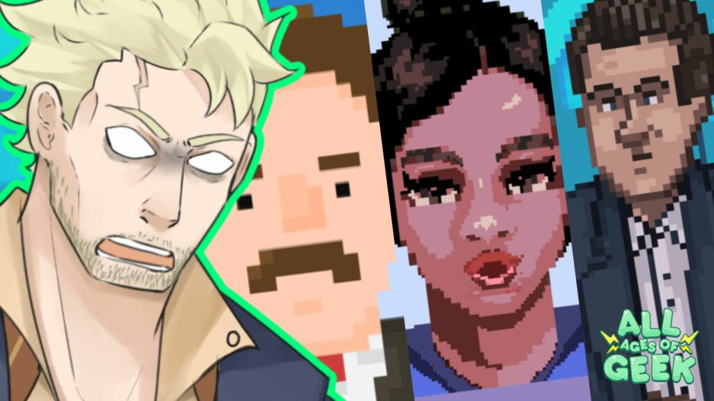 Collage featuring anime character Jackie and pixelated news anchors from various news-themed games with the All Ages of Geek logo.
