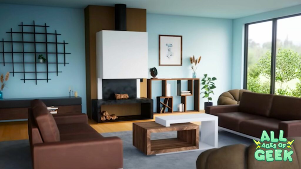 A screenshot from Architect Life: A House Design Simulator, showcasing a modern living room. The room features sleek brown sofas, a contemporary fireplace, minimalist bookshelves, and large windows with a view of green trees outside. The All Ages of Geek logo is visible in the bottom right corner.