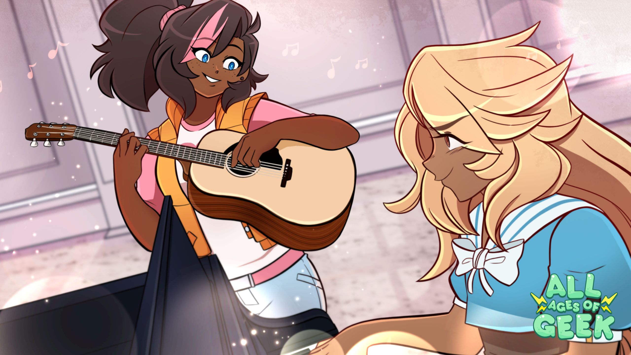 Two women are in a cozy, softly-lit room playing music together. One woman with dark skin and brown hair is smiling and playing an acoustic guitar, while the other woman with light skin and long blonde hair is focused on playing the piano. Musical notes float around them, adding to the warm and harmonious atmosphere. Love's Crescendo_All_Ages_Of_Geek