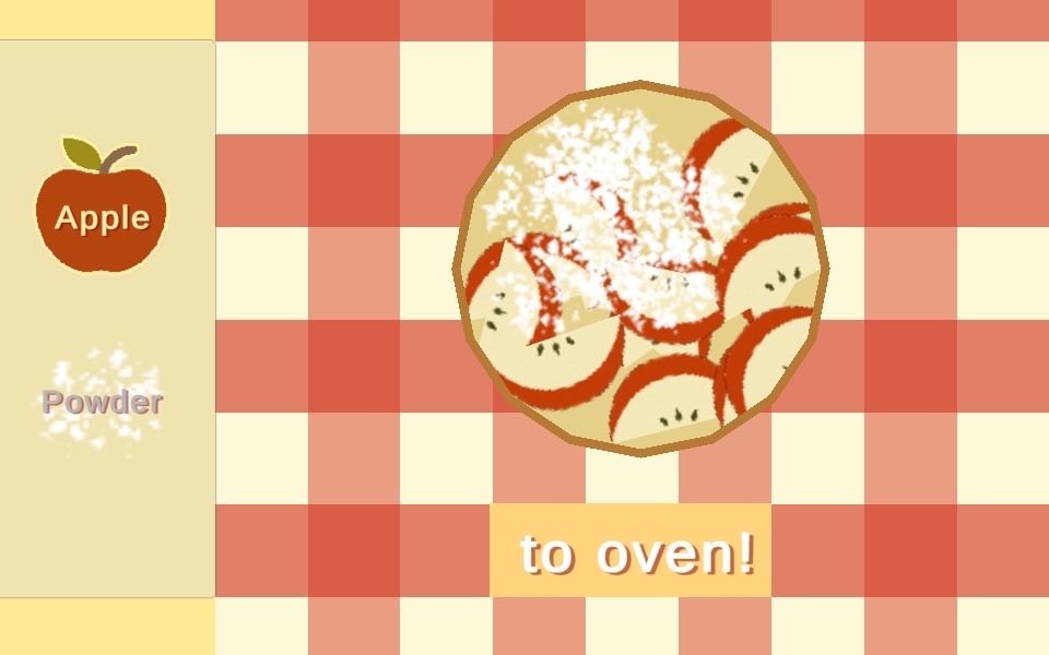 A simple, colorful game interface showing an apple pie being prepared. Sliced apples are arranged in a crust with some powder sprinkled on top. On the left side, there are icons for adding ingredients like apples and powder, with a text prompt saying "to oven!"