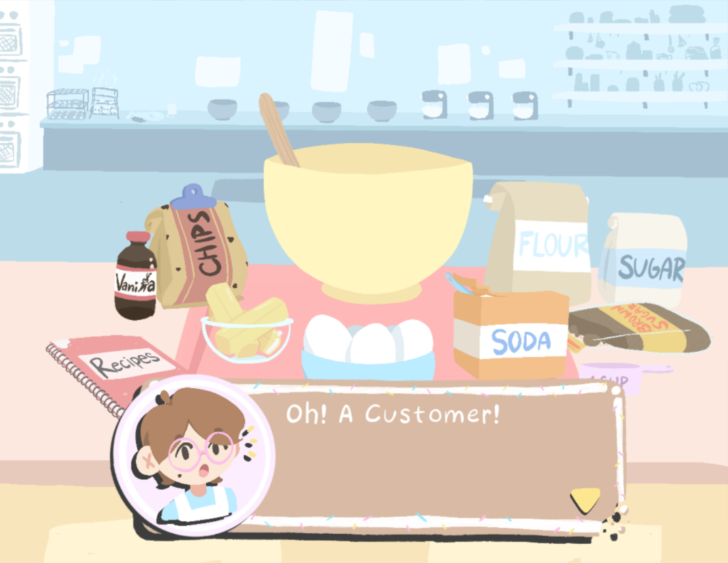 A cozy bakery setting with a pastel color scheme. The counter is filled with baking ingredients like flour, sugar, vanilla extract, butter, and eggs. There’s a large mixing bowl in the center with a wooden spoon sticking out. A small character with round glasses and a surprised expression says, "Oh! A Customer!" in a text bubble.