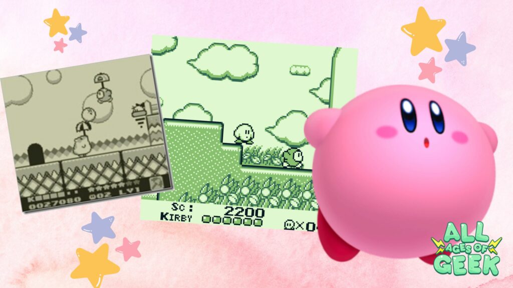 Image featuring Kirby from the video game series, with a 3D rendering of Kirby on the right side and two retro game screenshots on the left. The background is light pink with colorful stars, and the All Ages of Geek logo is displayed in the bottom right corner."