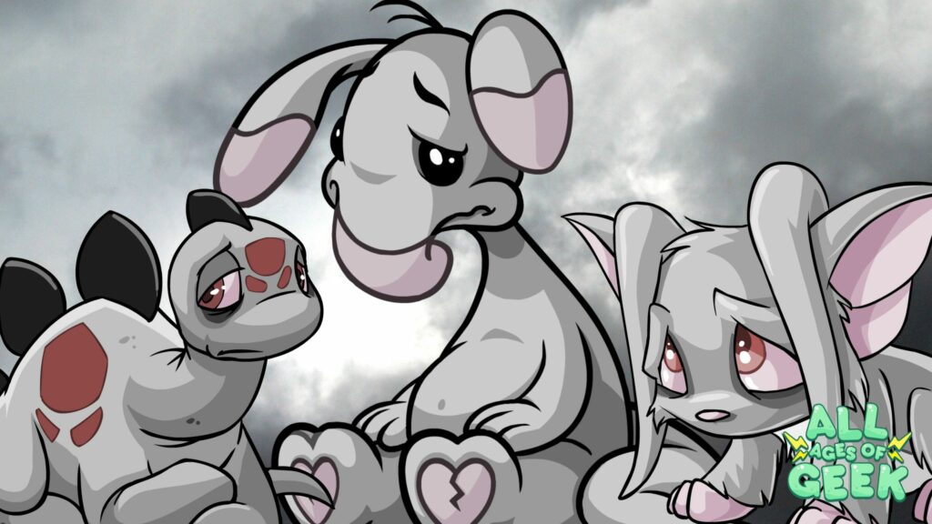 Three grey Neopets with sad expressions, set against a cloudy background. The Neopets appear to be feeling down, reflecting the theme of the new grey NC Pet Styles. The All Ages of Geek logo is in the bottom right corner.