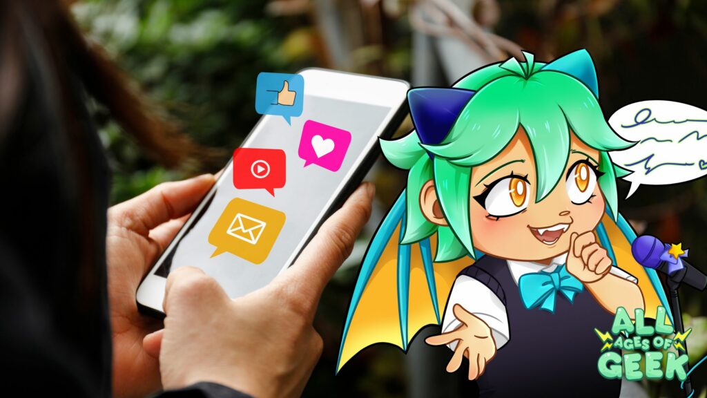 "Kasai, the All Ages of Geek mascot, enthusiastically engages with a smartphone displaying social media icons, emphasizing the importance of online interaction and community building."