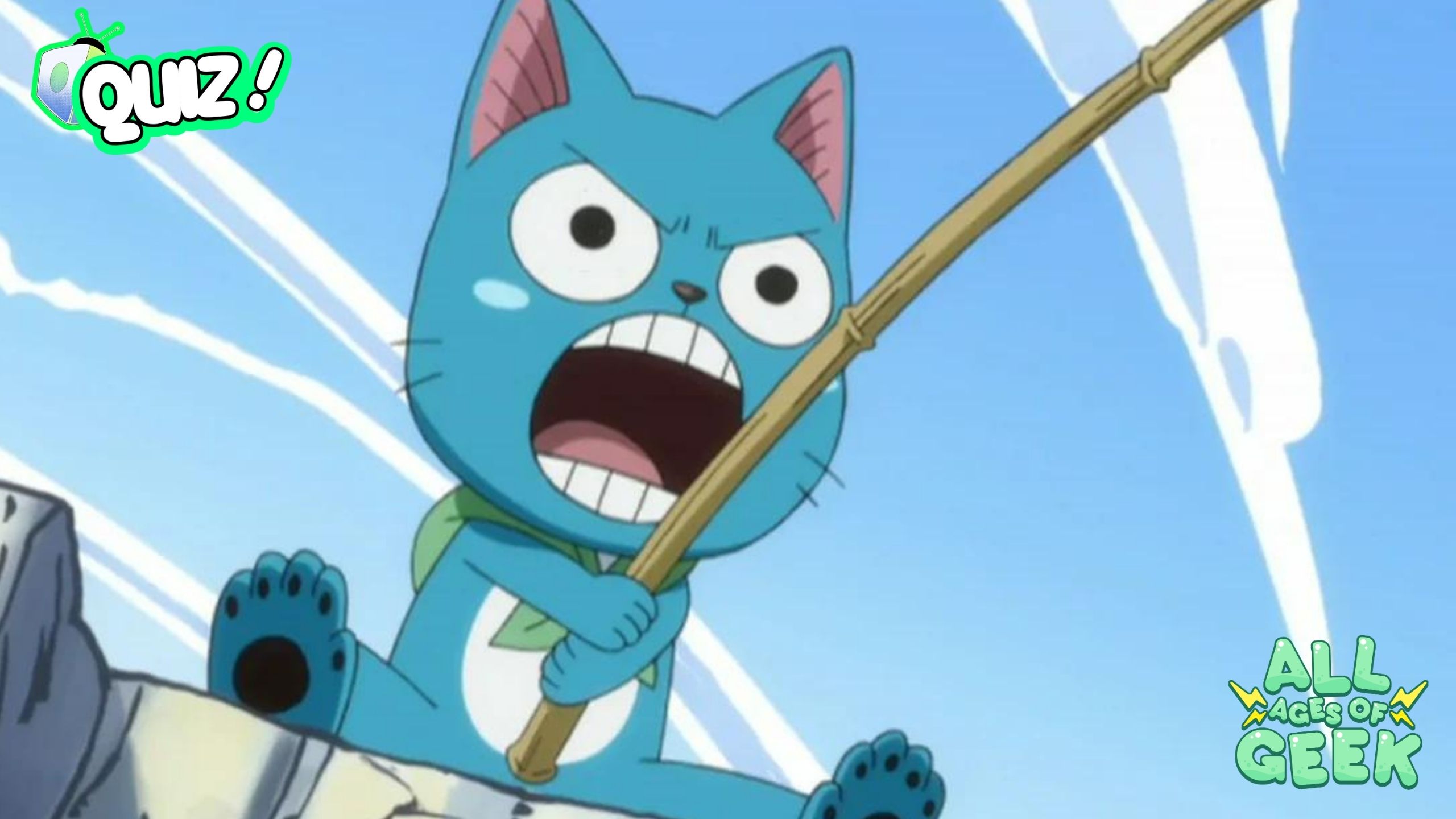 Happy from Fairy Tail, the blue Exceed, is shown in an intense moment with a determined expression, holding a fishing rod. The image has a quiz icon in the top left corner and the All Ages of Geek logo in the bottom right.
