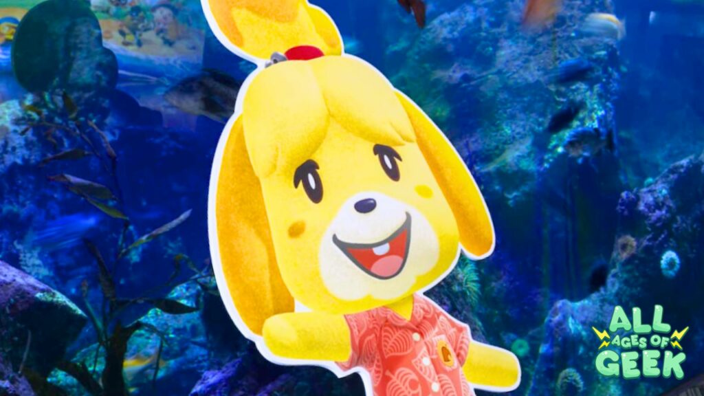 Cutout of Isabelle from Animal Crossing: New Horizons, smiling and waving, set against a vibrant aquarium backdrop with fish and underwater plants. The All Ages of Geek logo is displayed in the bottom right corner.