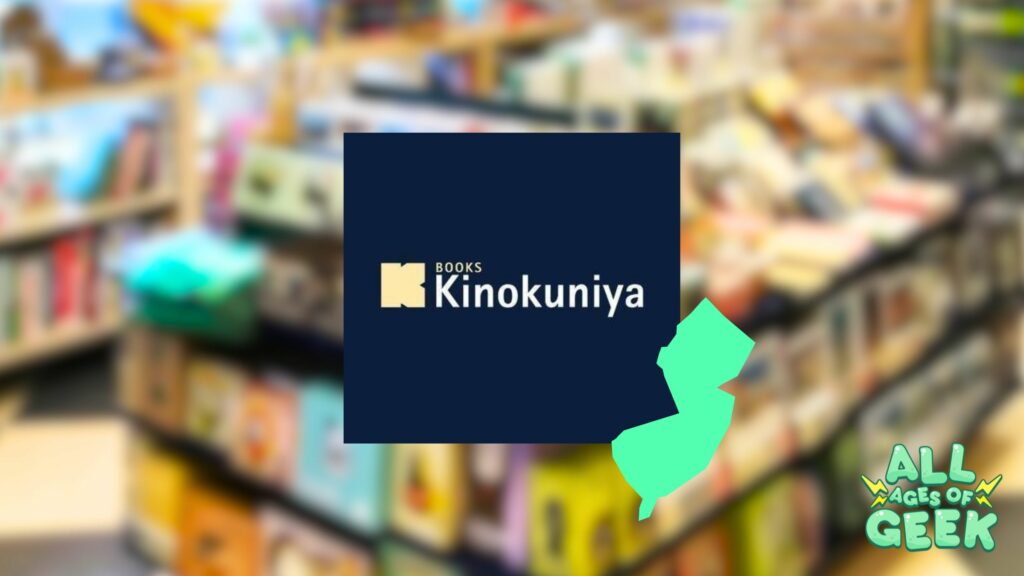 A promotional image for Kinokuniya New Jersey in Edgewater. The background features a blurred view of bookshelves filled with various colorful books, indicating a bookstore setting. In the foreground, there's a dark blue square with the Kinokuniya logo in beige and white text. A green outline of the state of New Jersey is placed on the bottom right of the logo. The "All Ages of Geek" logo is situated in the lower right corner of the image.