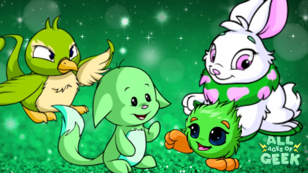 4 green neopets on a green background with all ages of geek logo
