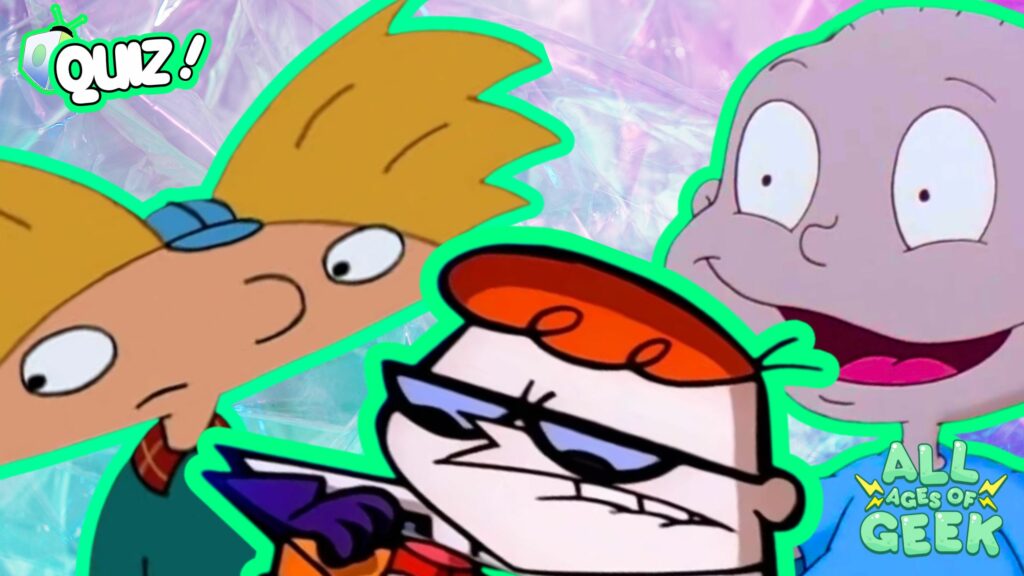 Arnold from Hey Arnold, Dexter from Dexter's Laboratory, and Tommy Pickles from Rugrats are shown in a collage with a vibrant, purple-hued background that has a crystalline texture. The text "QUIZ!" is prominently displayed in a green and white bubble font. The All Ages of Geek logo is in the bottom right corner.