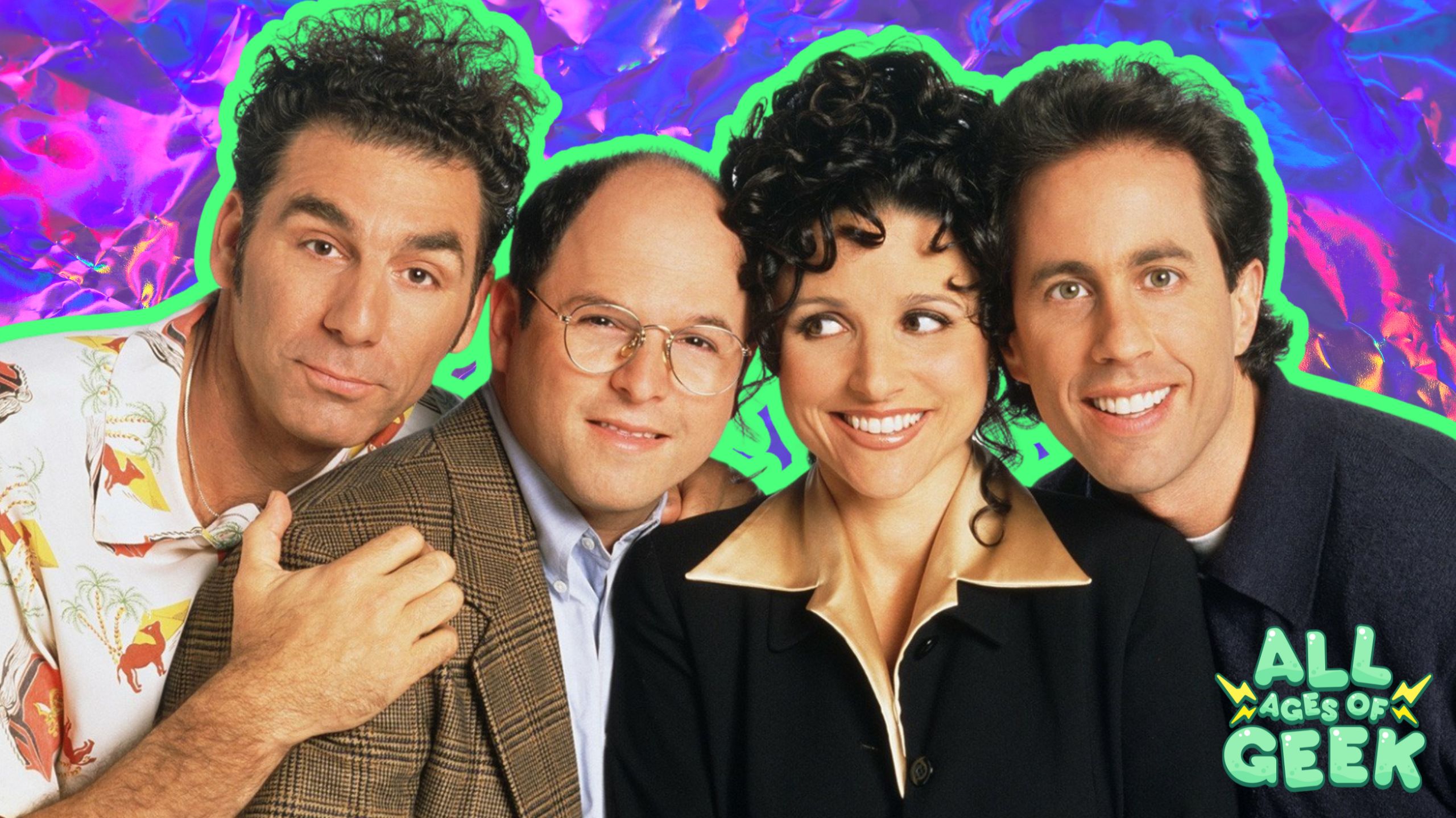 In the image, the main cast of the iconic 90s sitcom "Seinfeld" is shown together in a friendly and close pose. From left to right, the characters are Cosmo Kramer, George Costanza, Elaine Benes, and Jerry Seinfeld. Kramer is seen with his signature quirky expression, wearing a colorful Hawaiian shirt. George, dressed in a plaid blazer, looks more reserved but slightly amused. Elaine, with her curly hair and a big smile, exudes charm and confidence. Finally, Jerry, with his familiar bright smile, completes the group. The background features a vibrant, colorful abstract pattern with a neon green outline around each character, adding a fun and energetic vibe to the image. The logo "All Ages of Geek" is displayed in the bottom right corner.