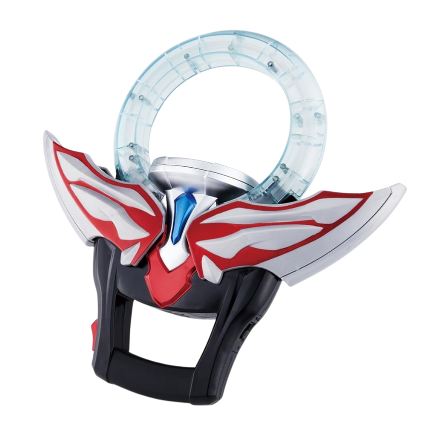 "A Bandai Ultraman Orb DX Orb Ring toy, featuring a sleek design with red, white, and blue accents, showcased on All Ages of Geek."