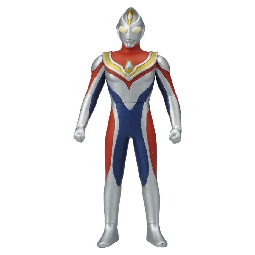 "A Bandai Ultraman Superheroes Ultra Hero 500 Series #14 figure of Ultraman Dyna (Flash Type), featuring classic red, blue, and silver colors, showcased on All Ages of Geek."