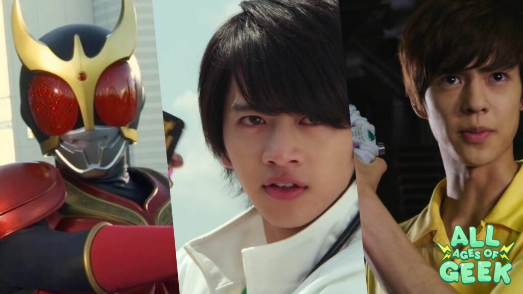 A collage featuring three Kamen Riders: on the left, a Kamen Rider with a golden helmet and red eyes; in the center, a young man with black hair holding a transformation device; on the right, another young man in a yellow shirt also holding a transformation device. The All Ages of Geek logo is displayed in the bottom right corner.