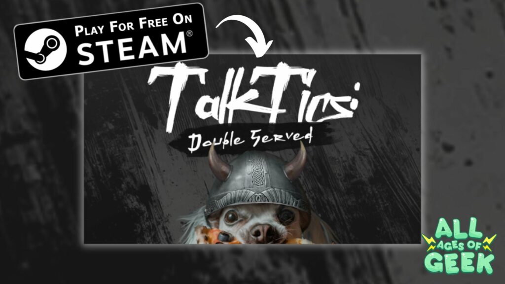 The image features a promotional banner for the game "Double Served" available for free on Steam. It shows a dog wearing a Viking helmet, peeking over a ledge while holding a piece of pizza. The All Ages of Geek logo is visible in the lower right corner.