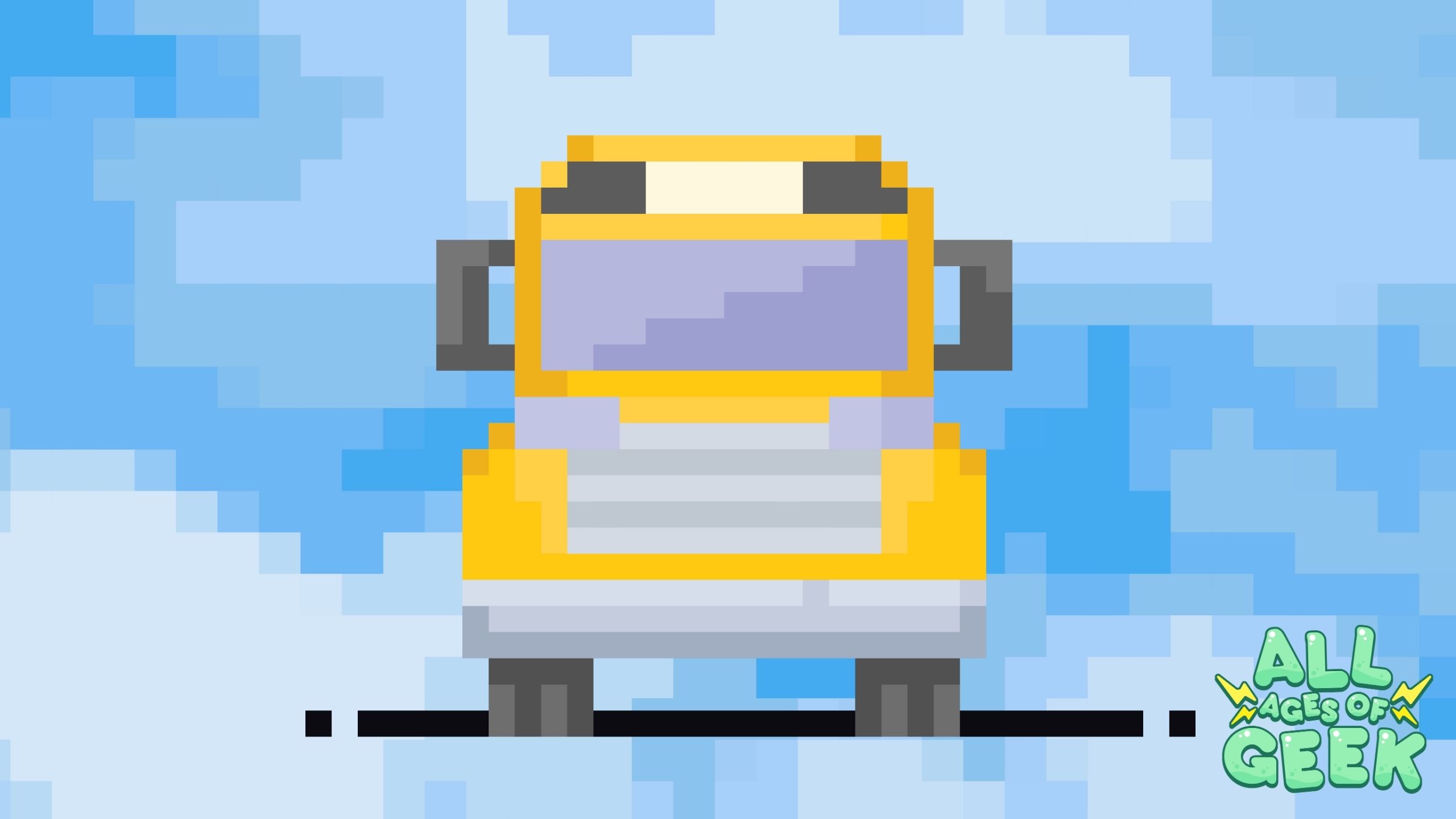 Pixel art illustration of a yellow bus against a pixelated blue sky background. The image conveys a retro, video game-like aesthetic. The All Ages of Geek logo is displayed in the bottom right corner, emphasizing the connection to geek culture and virtual experiences.