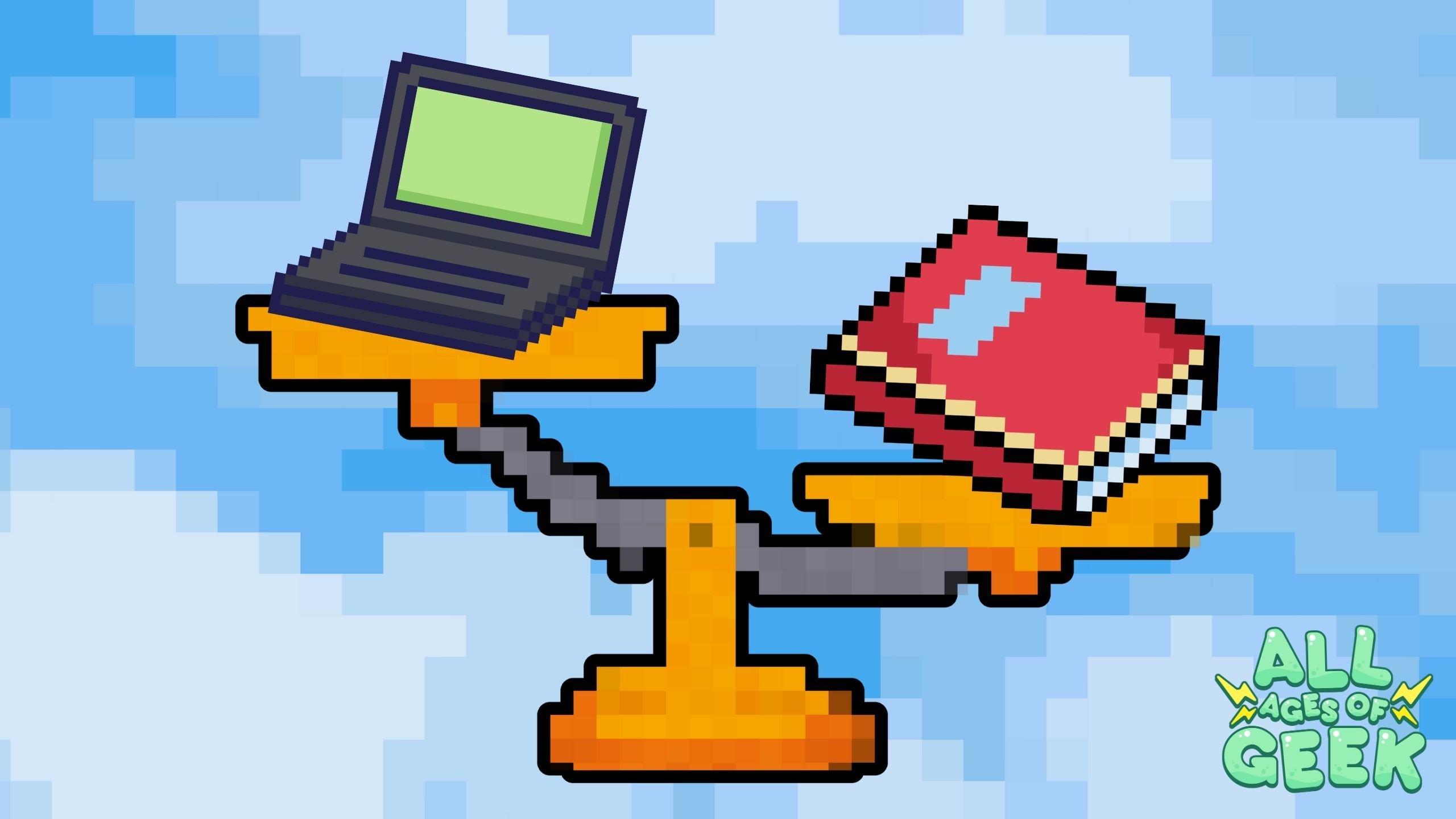 Pixel art illustration of a seesaw balancing a laptop on one side and a book on the other, symbolizing the balance between screen time and offline activities. The background features a pixelated blue sky. The All Ages of Geek logo is displayed in the bottom right corner, emphasizing the connection to educational content and geek culture.