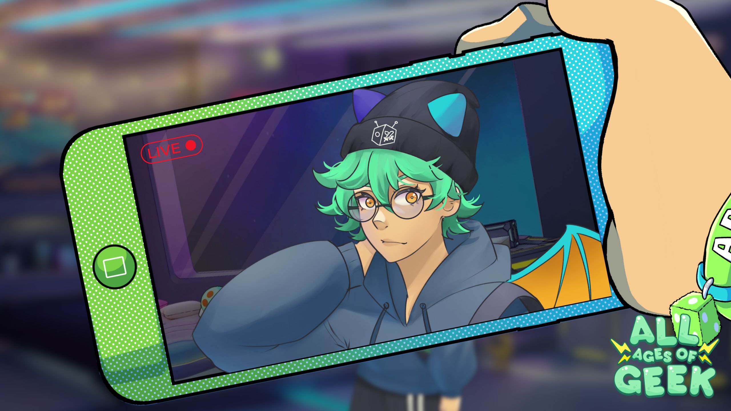"Illustration of Kasai, a character with green hair, glasses, and dragon horns, wearing a hoodie and beanie. She is live streaming, visible on a smartphone screen, with 'All Ages of Geek' logo in the corner."