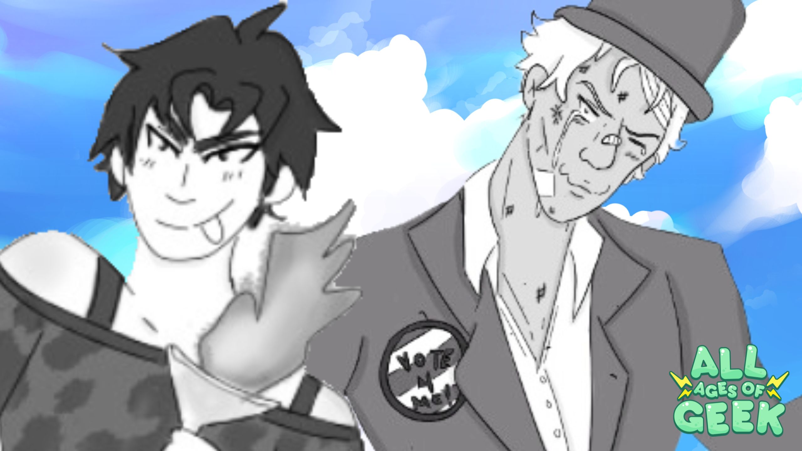 A black and white sketch of two characters from "I Married a Monster on a Hill." On the left is Nate, a character with messy hair and a mischievous expression, wearing an off-shoulder top. On the right is Reginald, wearing a suit and a top hat, with a button that reads "Vote 4 Me." Both characters are against a bright blue sky with fluffy clouds. The All Ages of Geek logo is in the bottom right corner.