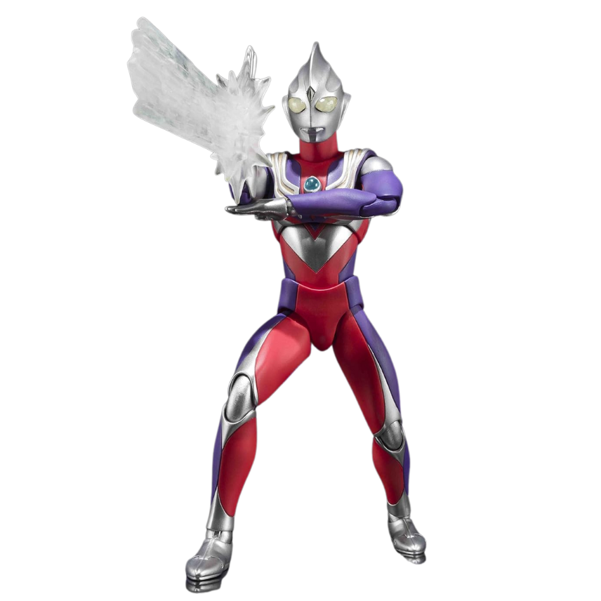 "A dynamic Ultra-Act action figure of Ultraman Tiga in Multi Type, featuring articulated joints and a signature energy attack effect, as highlighted on All Ages of Geek."