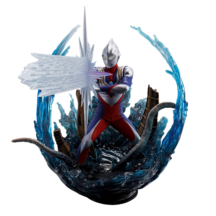 "A detailed collectible statue of Ultraman Tiga Multi Type from Tamashii Nations. The figure showcases Ultraman Tiga in a dynamic pose, with intricate energy effects and a battle scene base, as featured on All Ages of Geek."