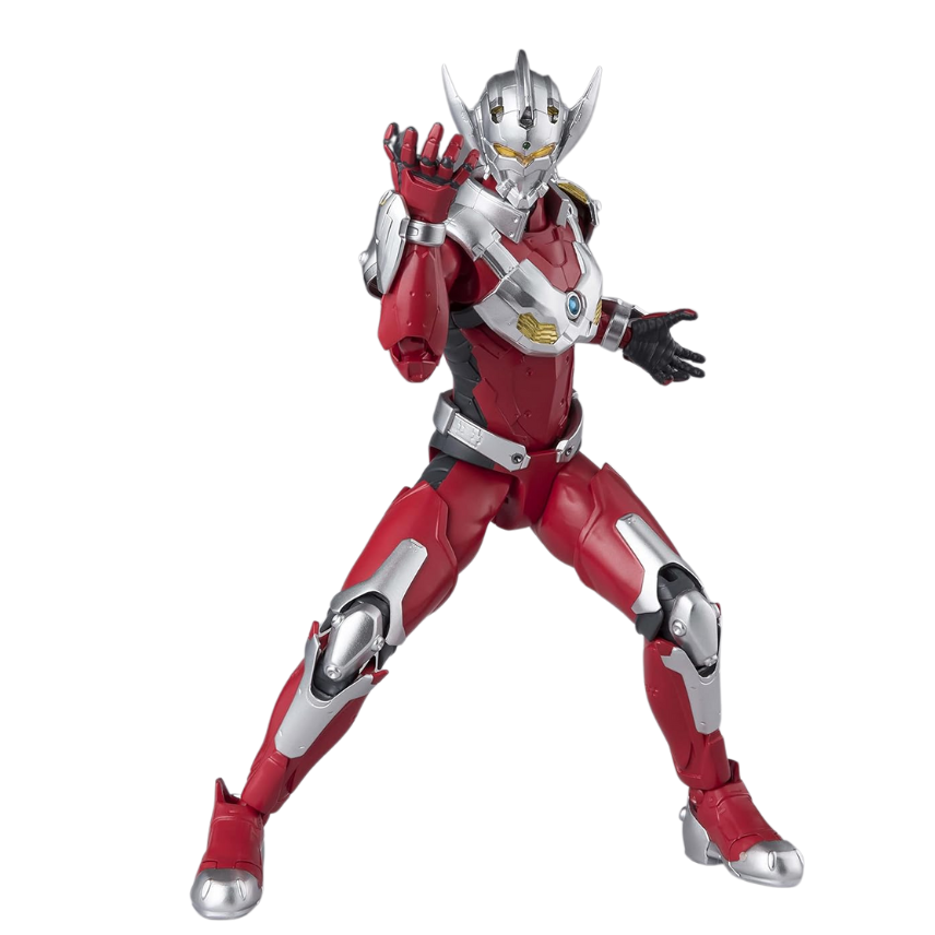 "A highly detailed action figure of Ultraman Suit Taro from The Animation series by Tamashii Nations. The figure features a dynamic red and silver armored suit with intricate detailing, showcased in an action pose, as featured on All Ages of Geek."