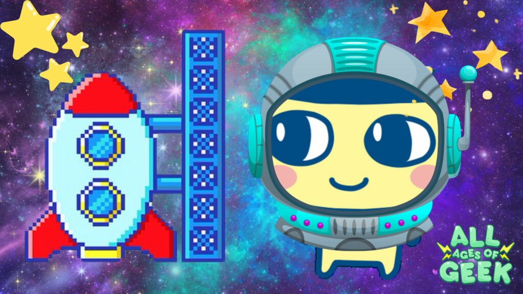A Tamagotchi character wearing a cute astronaut helmet stands next to a pixelated rocket ship, ready for a space adventure. The background features a colorful galaxy filled with stars, creating an exciting and cosmic atmosphere. The "All Ages of Geek" logo is displayed in the bottom right corner.