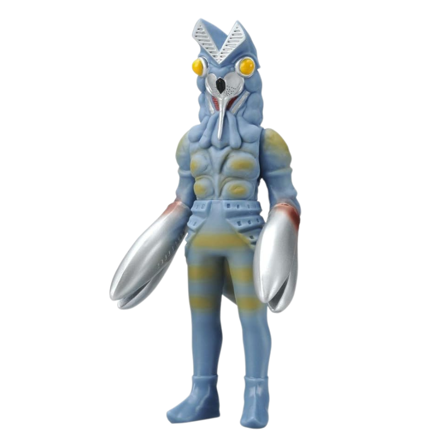 "A figure of Alien Baltan from the Ultra Monster 500 series, featuring a blue and yellow color scheme with silver claws, showcased on All Ages of Geek."