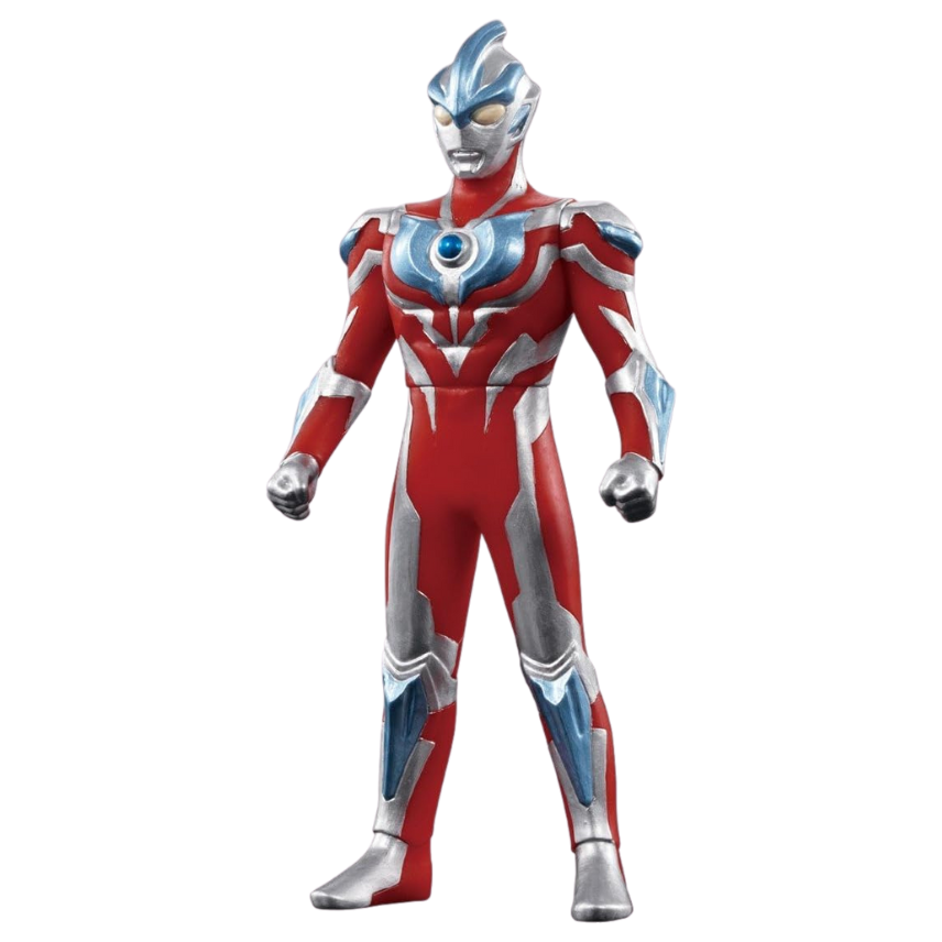 "A figure of Ultraman Ginga from the Ultra Hero 1270cm series, featuring a red and silver suit with blue highlights and a central blue gem, showcased on All Ages of Geek."