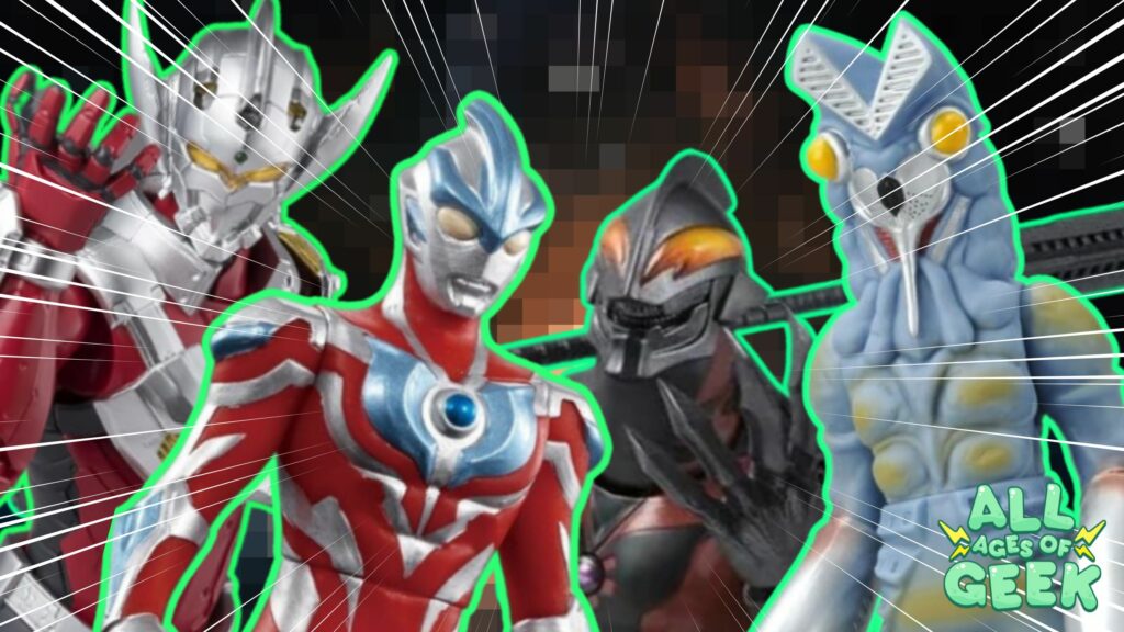"A dynamic collage of Ultraman collectibles from Tamashii Nations and Bandai, featuring Ultraman Taro, Ultraman Ginga, Ultraman Belial, and Alien Baltan, highlighted with vibrant green outlines and action lines, showcased on All Ages of Geek."