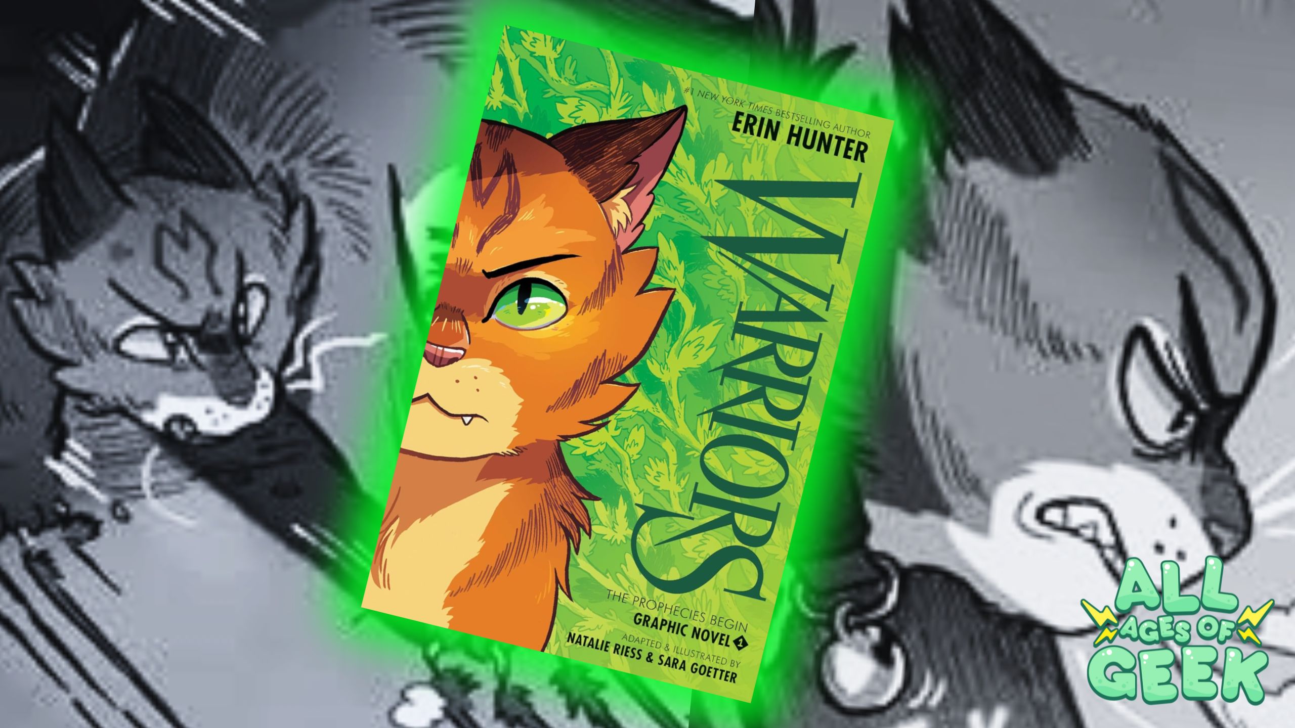 Warrior Cats graphic novel cover featuring a close-up of a determined cat with green eyes and orange fur. The background showcases intense action scenes in black and white, with the All Ages of Geek logo in the bottom right corner