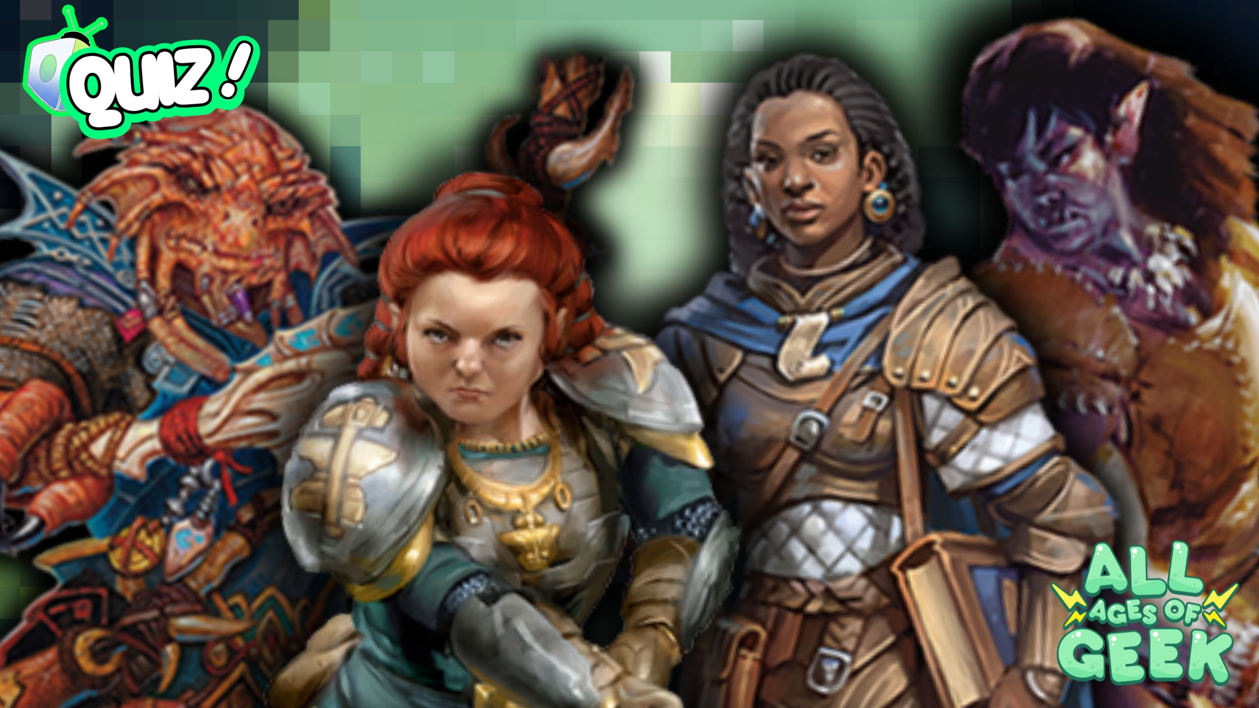 An image showing a variety of Dungeons and Dragons characters from different races, including a Dragonborn, Dwarf, Human, and Half-Orc, with the All Ages of Geek logo and 'Quiz' text, used for the 'Which DnD Race Are You?' quiz.