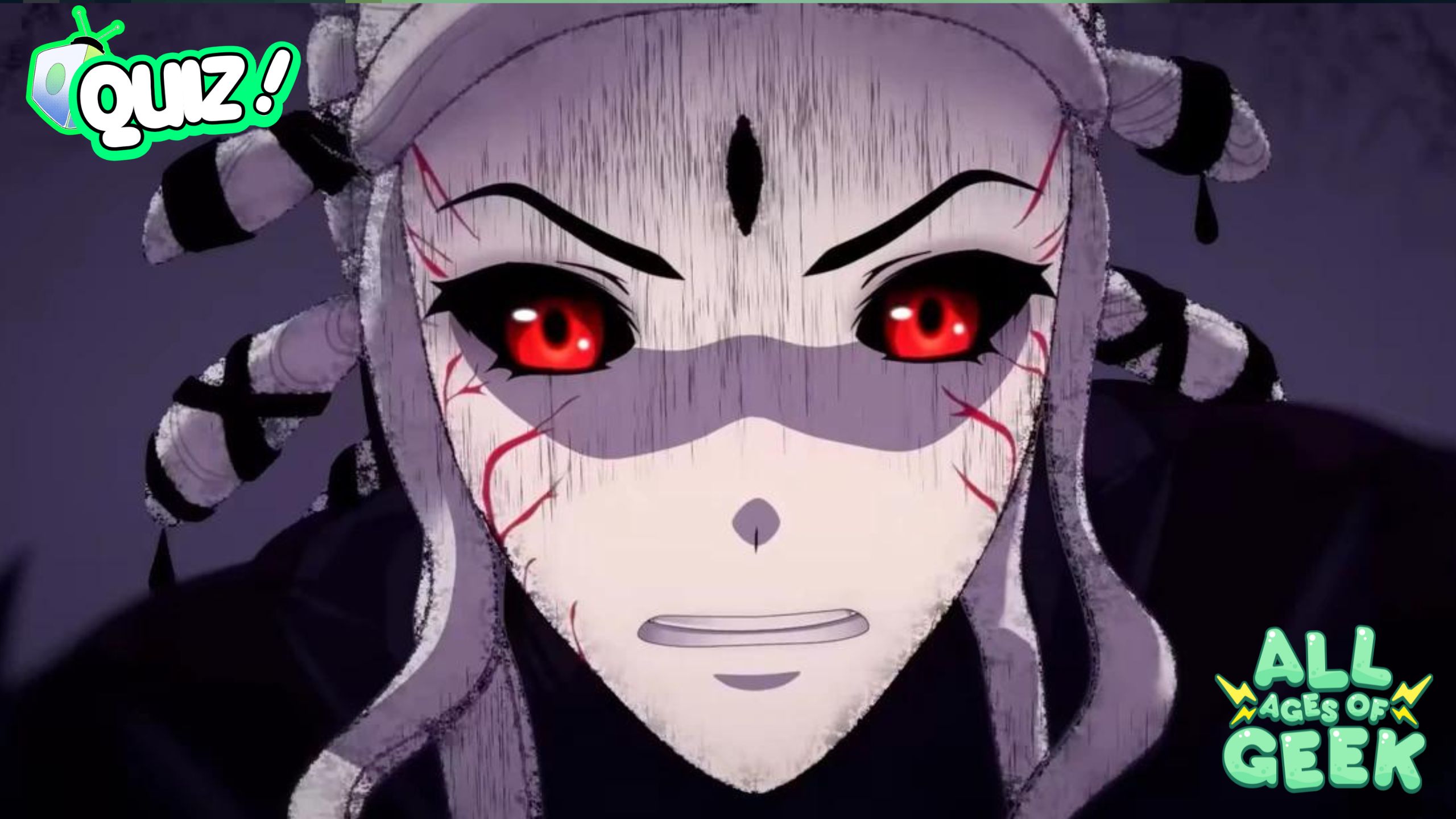 "A close-up of Salem, a character from RWBY, showing her red eyes and a menacing expression. This image is featured on All Ages of Geek and includes their logo."