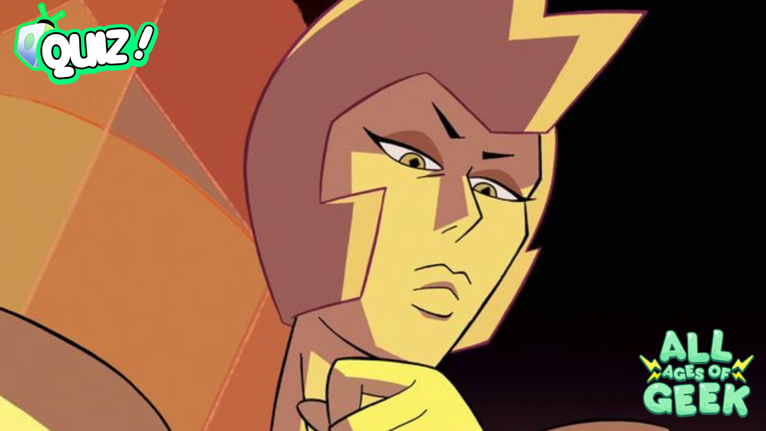 "A close-up of Yellow Diamond, a character from Steven Universe, showing her stern expression. This image is featured on All Ages of Geek and includes their logo."