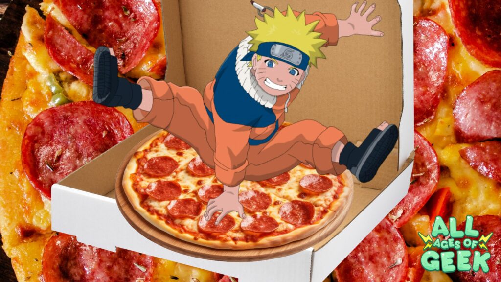 Naruto Uzumaki from the anime "Naruto" is animated leaping joyfully out of a pizza box, with a large pepperoni pizza inside. The background features a close-up of a pizza slice, highlighting the cheesy and pepperoni toppings. The image also includes the "All Ages of Geek" logo in the bottom right corner.