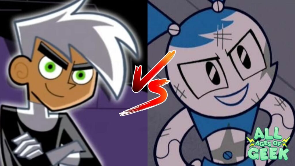 A split image featuring Danny Phantom on the left and Jenny "XJ-9" Wakeman from My Life as a Teenage Robot on the right. Both characters are shown in confident poses, with Danny crossing his arms and Jenny smiling determinedly. The background has a "VS" symbol in the center, indicating a face-off between the two. The All Ages of Geek logo is visible in the bottom right corner.