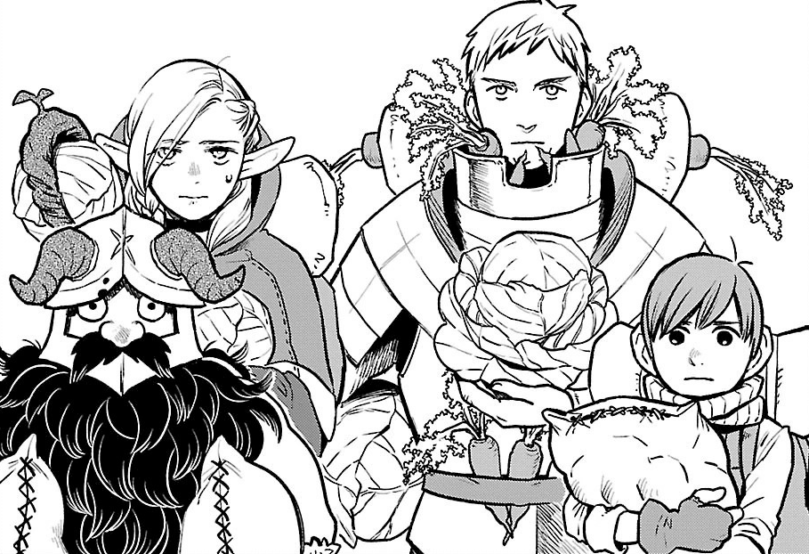 Black and white illustration of the main characters from "Delicious in Dungeon" by Ryoko Kui. The image features four adventurers standing side by side, each holding various vegetables and food items. On the left, a dwarf with a horned helmet and a large beard has a stern expression and is holding a large pumpkin on his left shoulder and a smaller round vegetable in his right hand. Next to him, a female elf with long hair and pointed ears has a slightly concerned or embarrassed expression, holding a large sack of vegetables over her shoulder. In the center, a blonde-haired warrior in armor looks determined, holding a large cabbage in his hands, with carrots sticking out of his armor around his neck. On the right, a short-haired young boy has a serious expression and is holding a large sack of what appears to be potatoes or another root vegetable. The characters are drawn in a detailed and expressive style, showcasing their distinct personalities and the manga's blend of adventure and culinary themes.