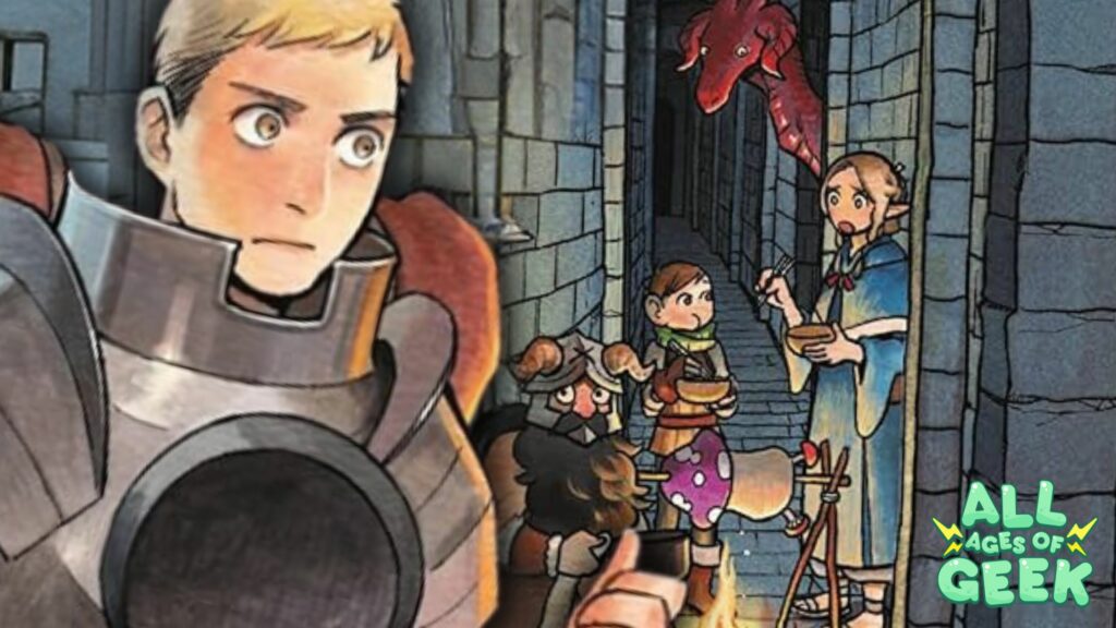 Colored illustration from "Delicious in Dungeon" by Ryoko Kui, featuring the All Ages of Geek logo in the bottom right corner. The scene is set in a medieval dungeon corridor, with the main character, a blonde-haired warrior in armor, prominently featured on the left. He holds a frying pan and has a serious expression, looking ahead. Behind him, deeper in the corridor, other adventurers are gathered around a campfire. A dwarf with a horned helmet and a large beard sits by the fire, holding a cooking pot. A female elf stands next to him, holding a bowl and chopsticks, looking surprised. A young boy is also present, holding a bowl and looking curious. Above them, a small red dragon is peeking out from the corridor's shadows. The characters are preparing food, emphasizing the manga's blend of adventure and culinary themes. The All Ages of Geek logo adds a modern touch, linking the image to the geek culture community.