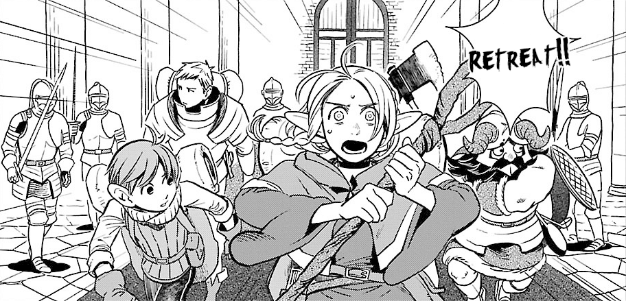 Black and white illustration from "Delicious in Dungeon" by Ryoko Kui. The scene depicts a group of adventurers retreating down a castle corridor. At the front, a female elf with long hair and pointed ears, holding an axe, shouts "RETREAT!!" with a determined and urgent expression. Behind her, a short-haired young boy looks back nervously while running. To the right, a dwarf with a horned helmet and large beard runs with a stern look. Further back, a blonde-haired warrior in armor is also running, with a concerned expression, as armored guards with swords and spears pursue them. The corridor is lined with tall windows, adding to the sense of urgency and action in the scene. The illustration captures the dynamic and intense moment of the characters' escape.